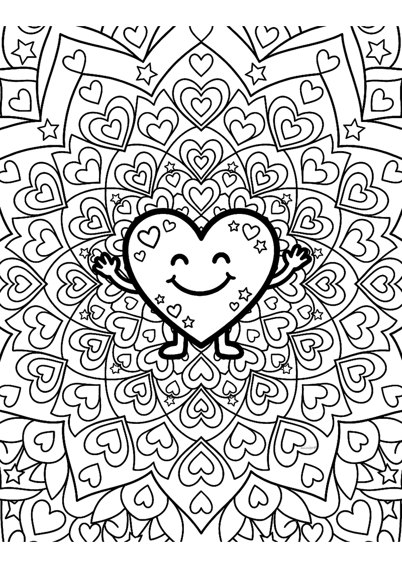 Kleurplaat van een mandala met een lachend hartje met armpjes in het midden, tussen lagen hartjes en sterren
