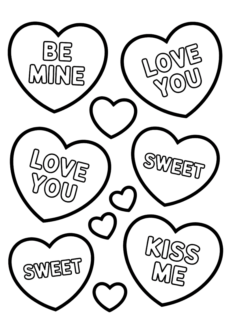 Kleurplaat met meerdere hartjes in verschillende formaten, elk met een valentijnstekst zoals Be Mine, Love You, Sweet en