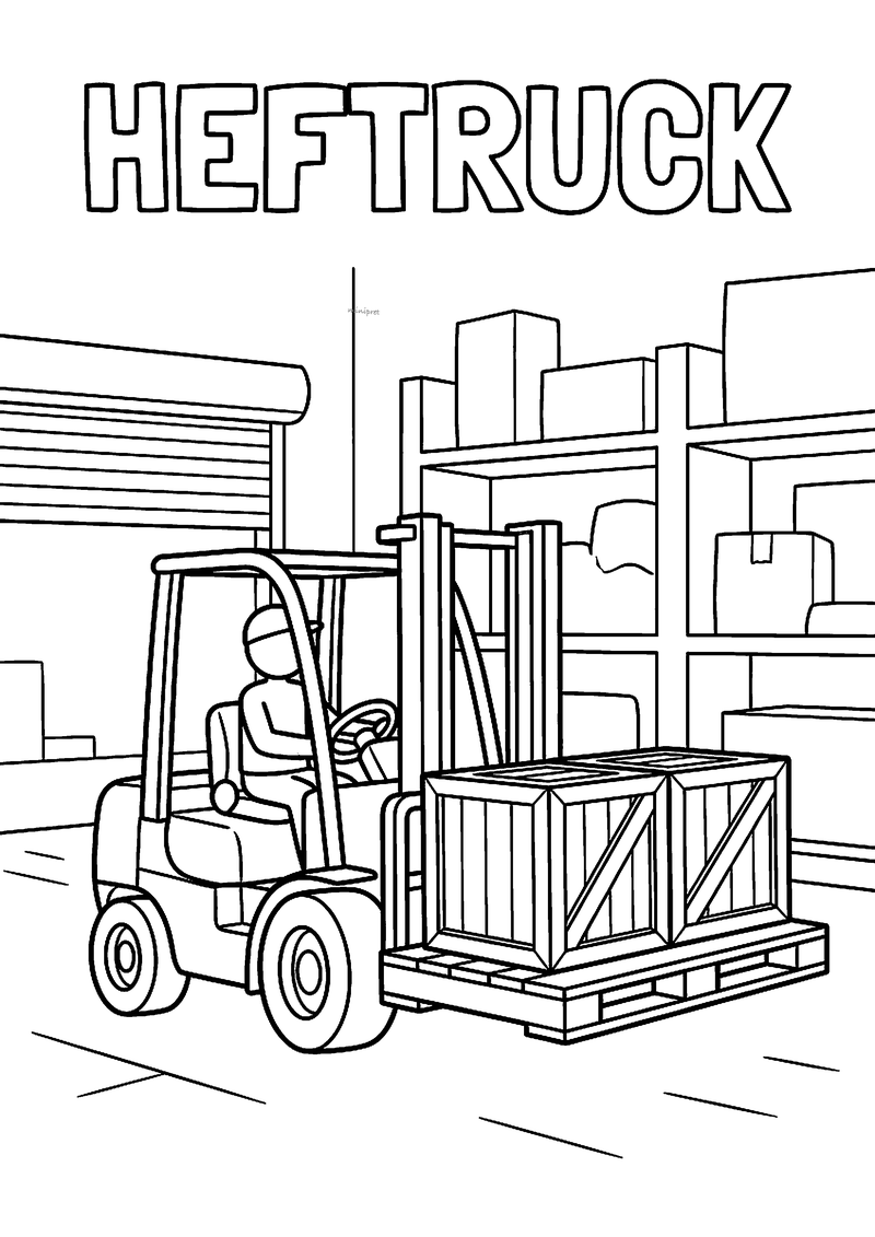 Kleurplaat van een heftruck met bestuurder die een houten kist op een pallet tilt in een magazijn met stellingen