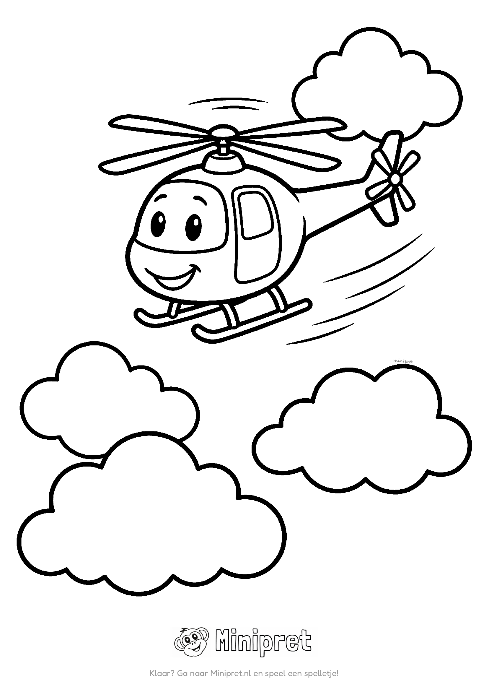 Vrolijke kleine cartoon-helikopter met lachend gezicht vliegt tussen pluizige wolken aan de hemel
