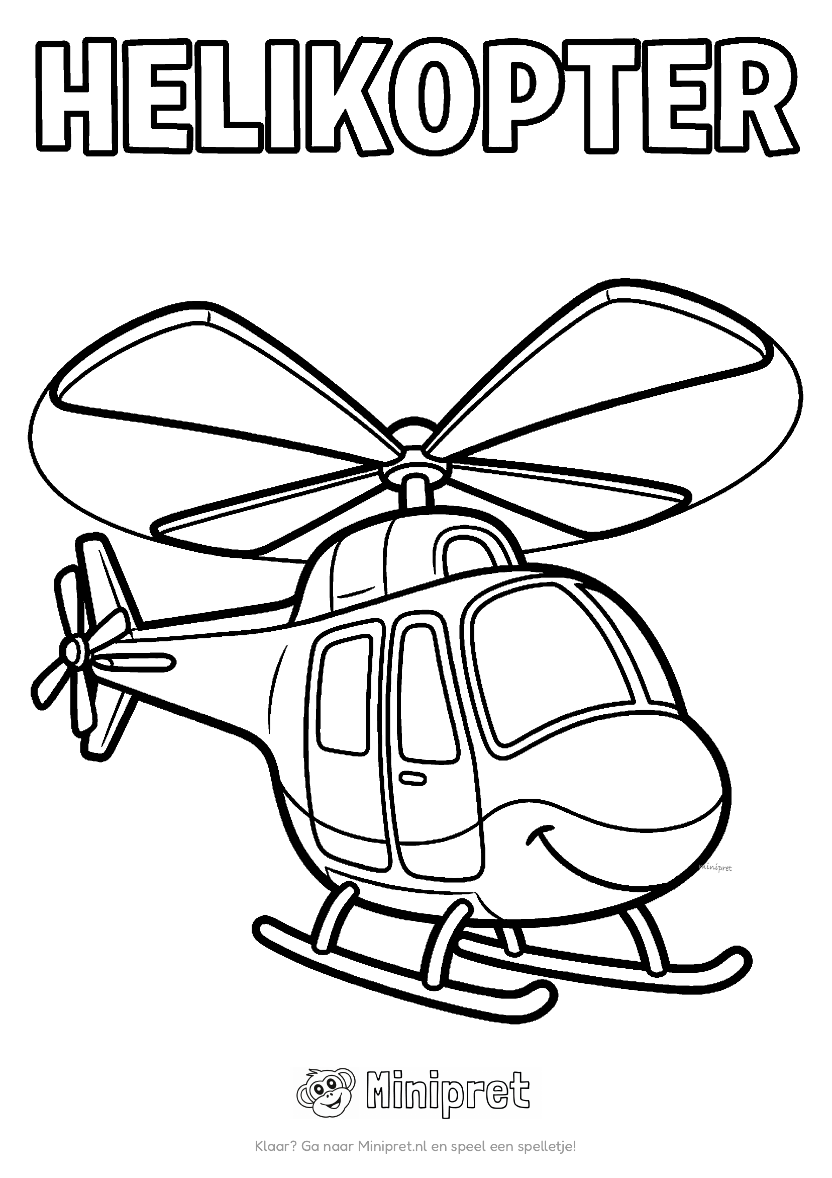 Grote cartoon-helikopter met lachend gezicht en het woord HELIKOPTER in dikke holle letters erboven