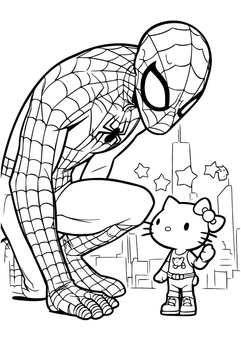 Kleurplaat van Spider-Man die gehurkt naar Hello Kitty kijkt, die haar hand opsteekt voor een stad met sterren