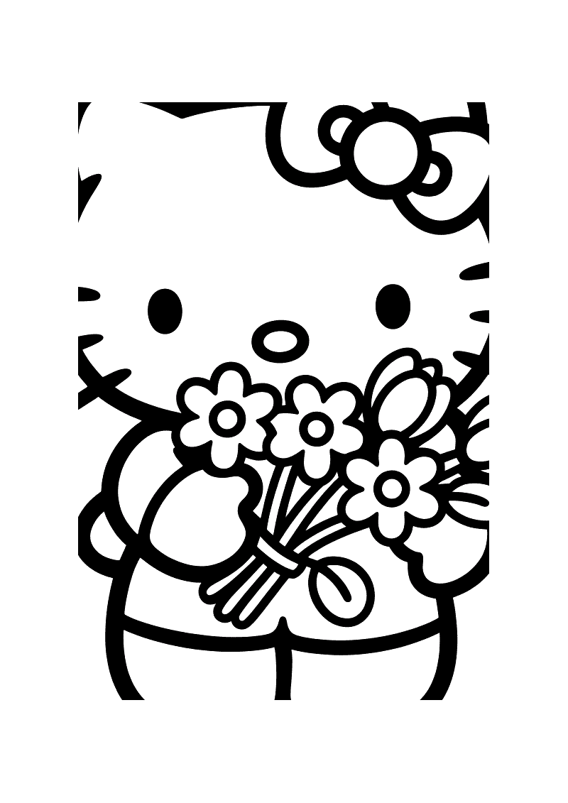 Hello Kitty met bloemenboeket kleurplaat — gratis kleurplaat