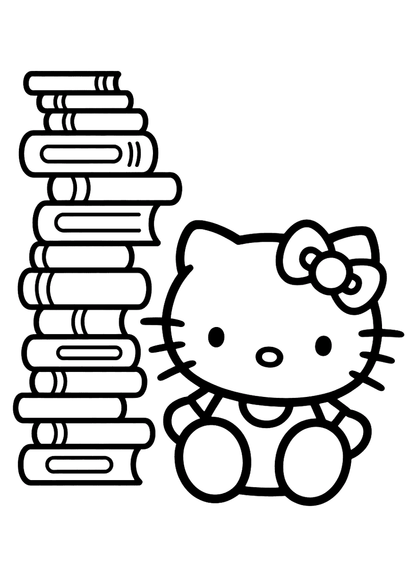 Hello Kitty bij boekenstapel kleurplaat — gratis kleurplaat printen