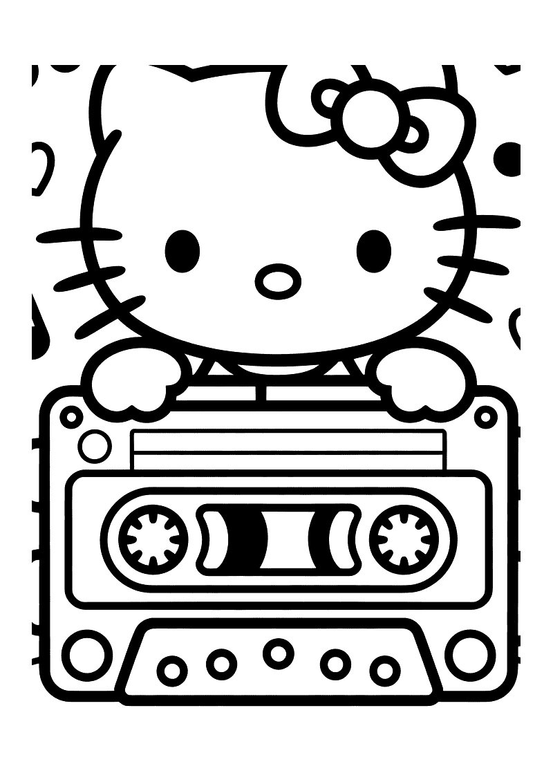 Hello Kitty met cassettespeler kleurplaat — gratis kleurplaat