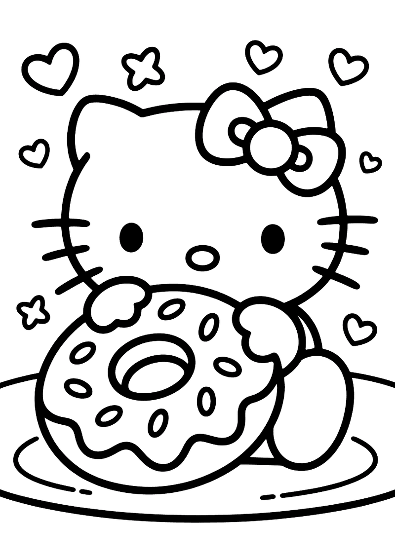 Hello Kitty met donut kleurplaat — gratis kleurplaat printen
