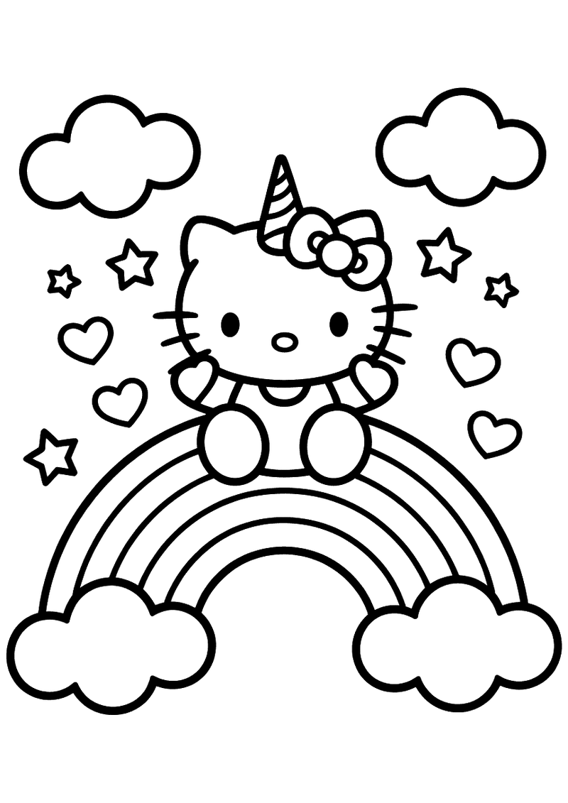 Hello Kitty als eenhoorn op regenboog kleurplaat — gratis kleurplaat