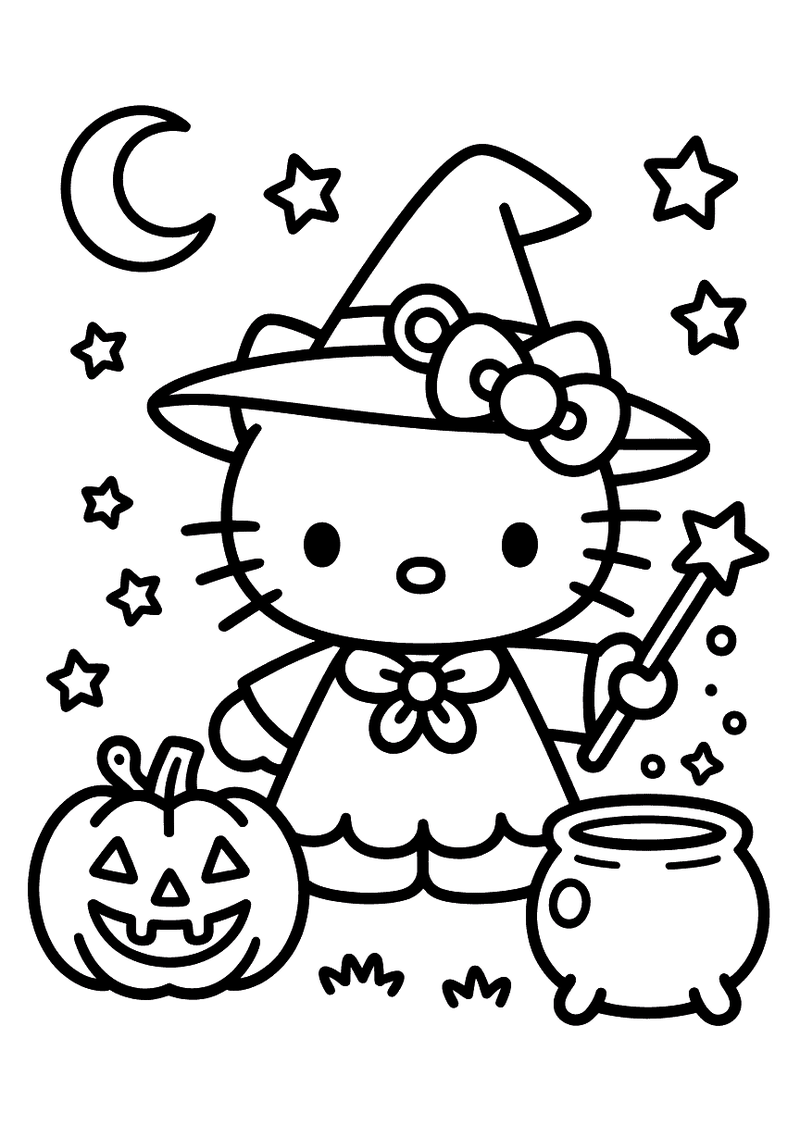 Hello Kitty Halloween heks kleurplaat — gratis kleurplaat