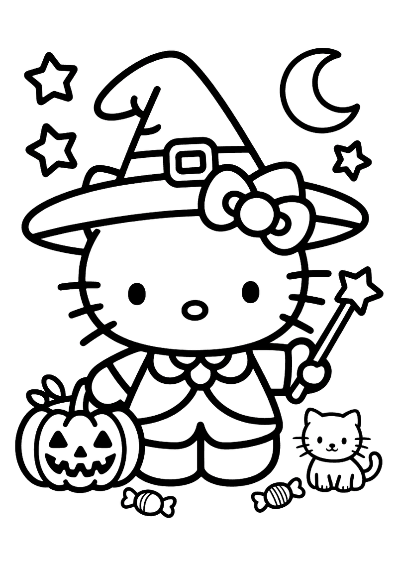 Hello Kitty als heks bij nacht kleurplaat — gratis kleurplaat printen