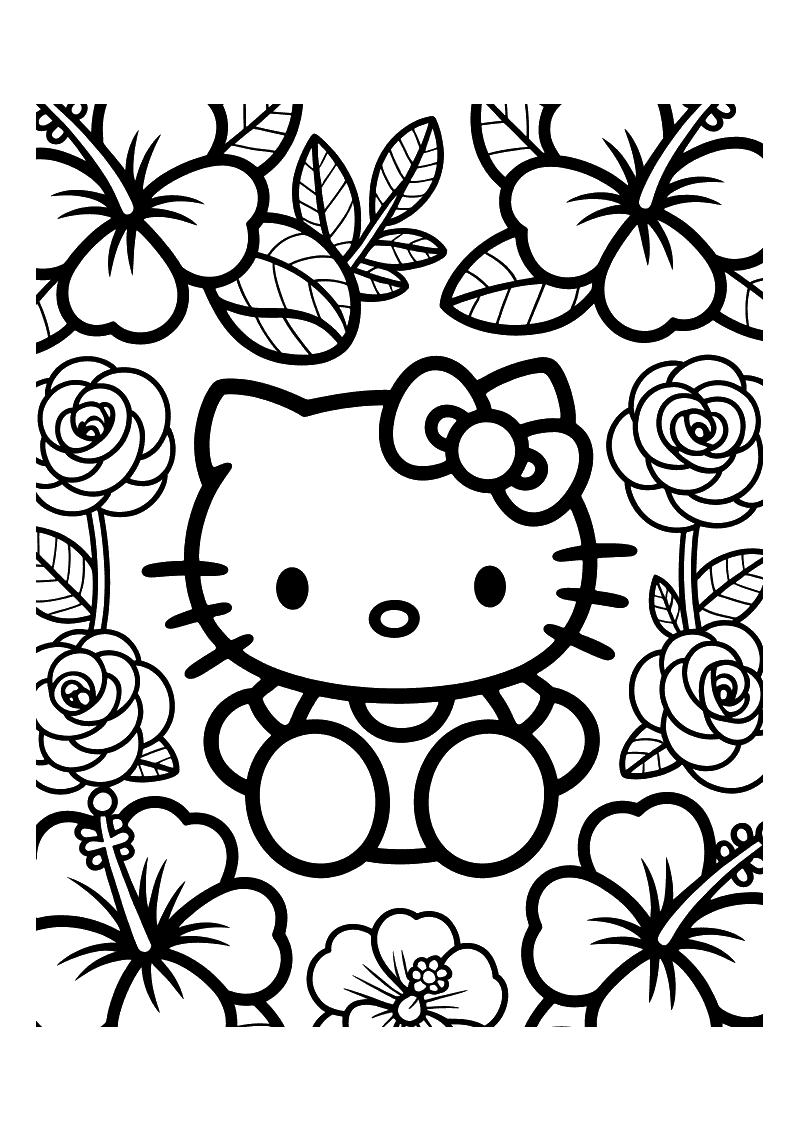 Hello Kitty tussen hibiscusbloemen kleurplaat — gratis kleurplaat printen