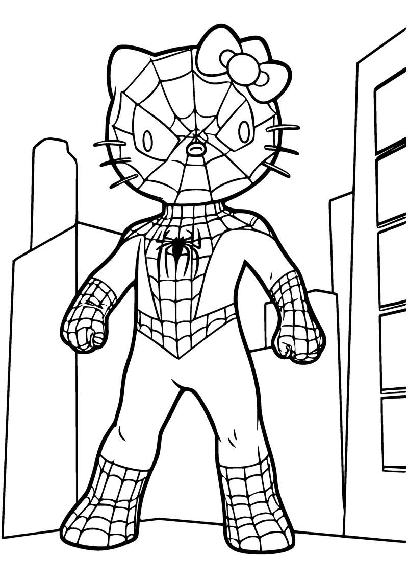 Kleurplaat van Hello Kitty in een Spider-Man pak met webmasker, snorharen en strik, staand tussen hoge gebouwen