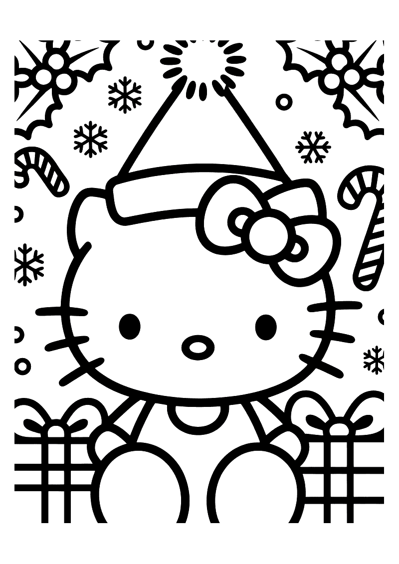 Hello Kitty met kerstmuts kleurplaat — gratis kleurplaat printen