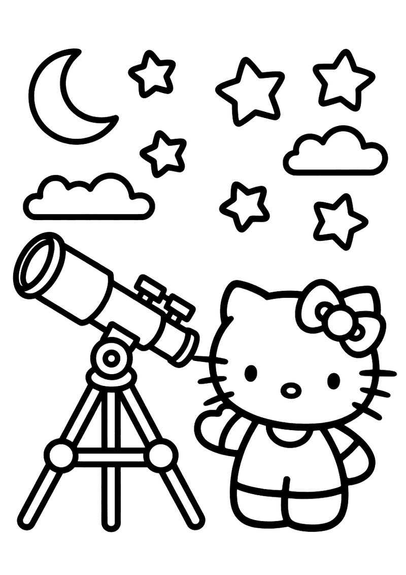 Kleurplaat van Hello Kitty staand naast een telescoop op statief, omgeven door sterren, een halve maan en wolken