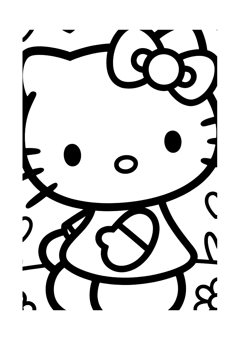 Kleurplaat van Hello Kitty in close-up die over haar schouder terugkijkt, op een achtergrond met bloemen en cirkels