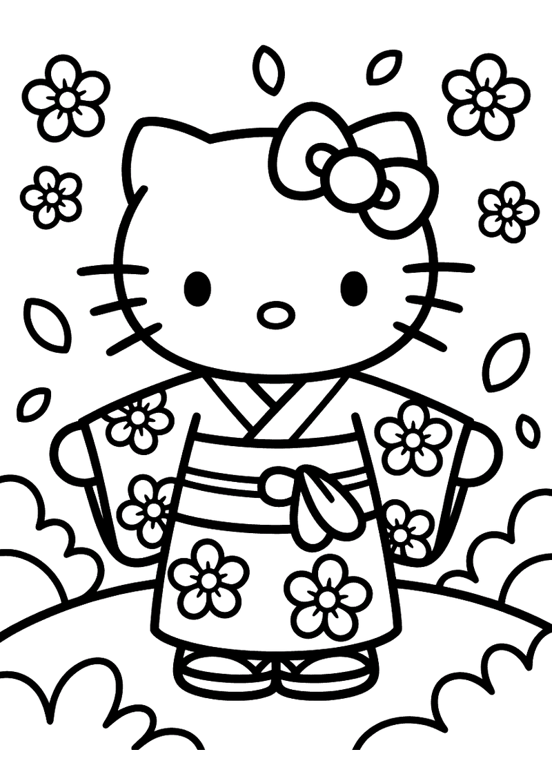 Kleurplaat van Hello Kitty gekleed in een kimono met bloemenpatroon, staand tussen vallende kersenbloesemblaadjes en str