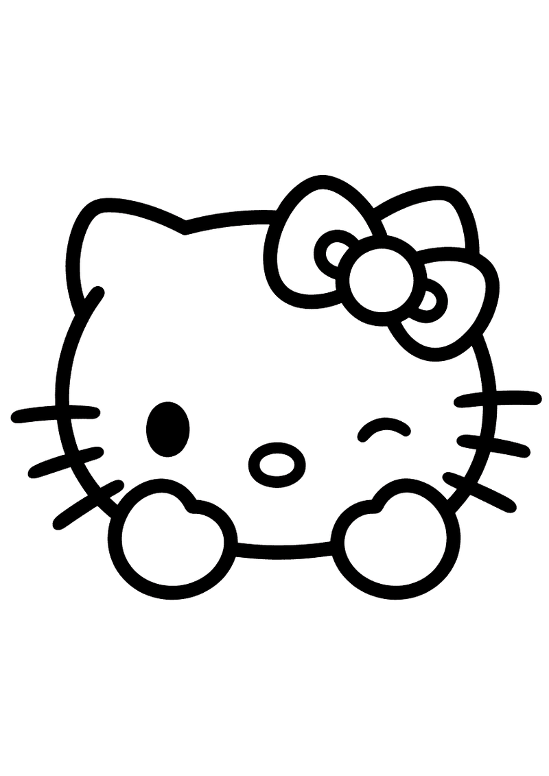 Kleurplaat van het gezicht van Hello Kitty in close-up, met één oog dicht als knipoog, een strik op haar hoofd en haar t