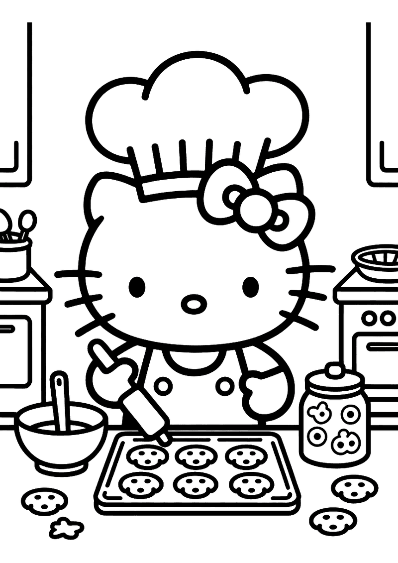 Kleurplaat van Hello Kitty gekleed als kok met een koksmuts en schort die koekjes spuit op een bakplaat in een keuken me