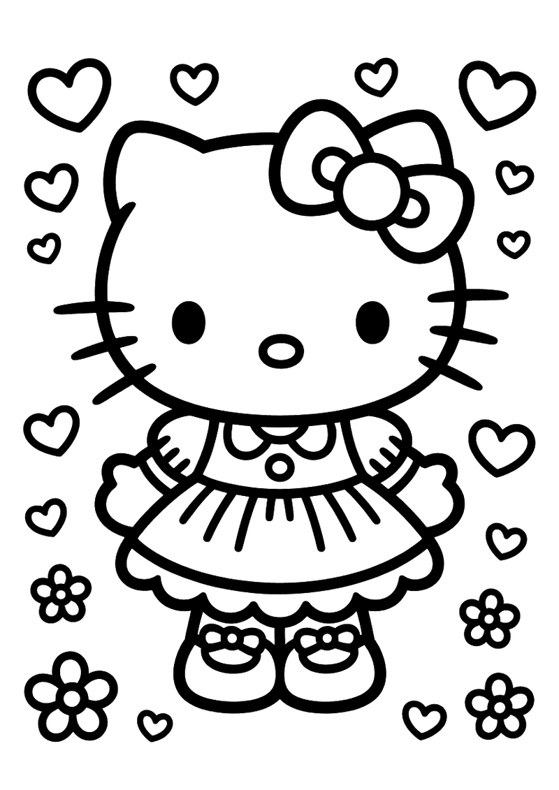 Kleurplaat van Hello Kitty staand in een gelaagde lolita-jurk met pofmouwtjes en strikschoentjes, omgeven door hartjes e