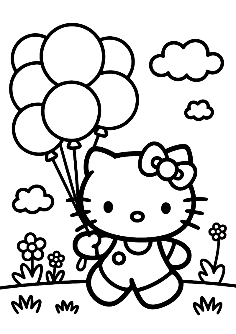 Kleurplaat van Hello Kitty die een tros van zes ballonnen vasthoudt in een buitenscène met bloemen, gras en wolken