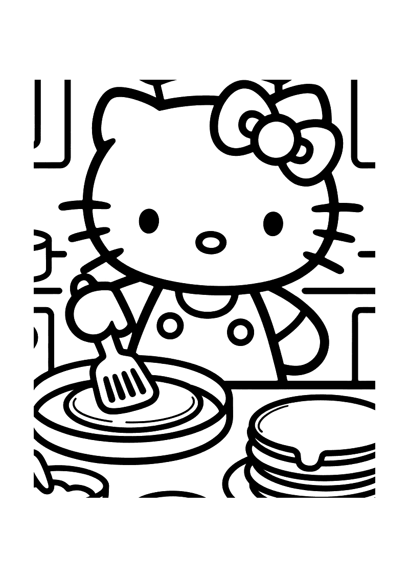 Kleurplaat van Hello Kitty die in de keuken een pannenkoek omdraait met een spatel, met een stapel pannenkoeken ernaast