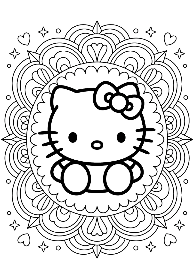 Kleurplaat van Hello Kitty zittend in het centrum van een gedetailleerd mandalapatroon met concentrische cirkels, bloeme
