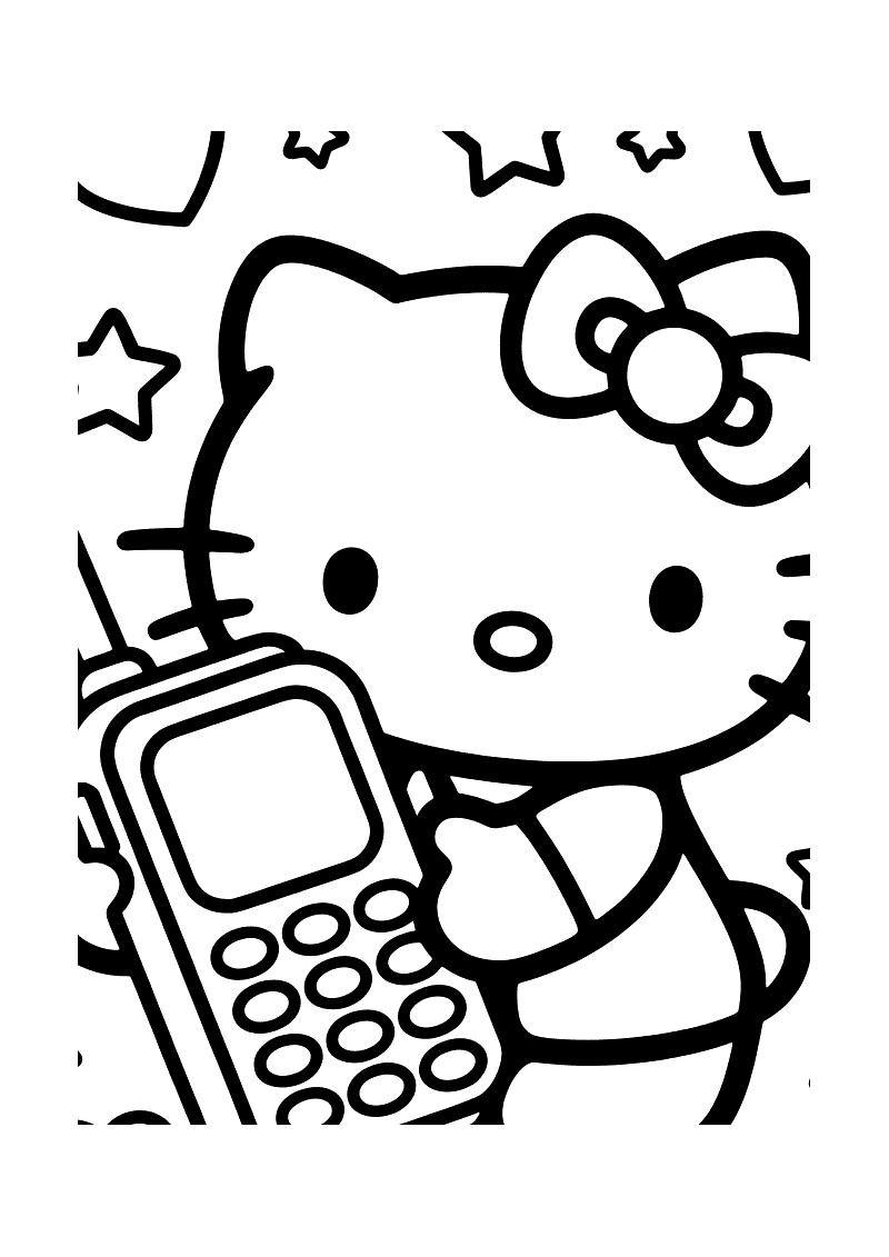 Kleurplaat van Hello Kitty close-up die een grote mobiele telefoon met toetsenbord vasthoudt, met sterren en een strik o