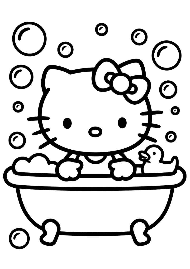 Kleurplaat van Hello Kitty in een bad op pootjes met zeepschuim, een badeend en zeepbelletjes die opstijgen
