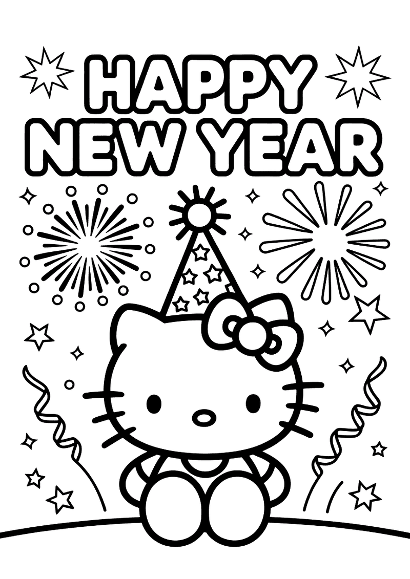 Kleurplaat van Hello Kitty met een feestpunthoed zittend voor vuurwerk, slingers en een Happy New Year opschrift