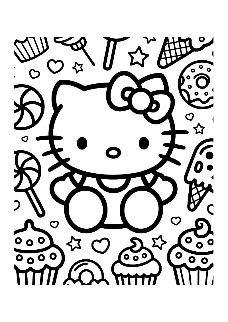 Kleurplaat van Hello Kitty zittend te midden van een dicht patroon van zoetigheden: donuts, ijshoorntjes, cupcakes, loll