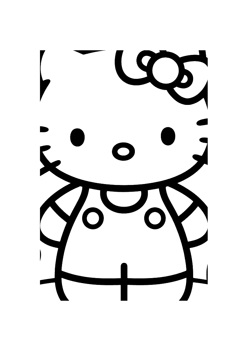 Kleurplaat van Hello Kitty close-up staand in haar kenmerkende tuinbroek met twee ronde knopen, met haar strik bovenop