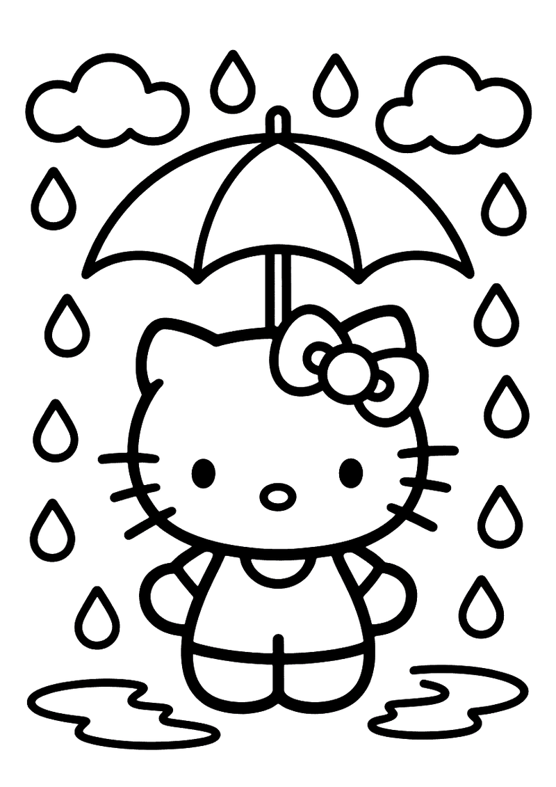 Kleurplaat van Hello Kitty die buiten staat onder een grote paraplu terwijl regendruppels vallen en er plassen op de gro