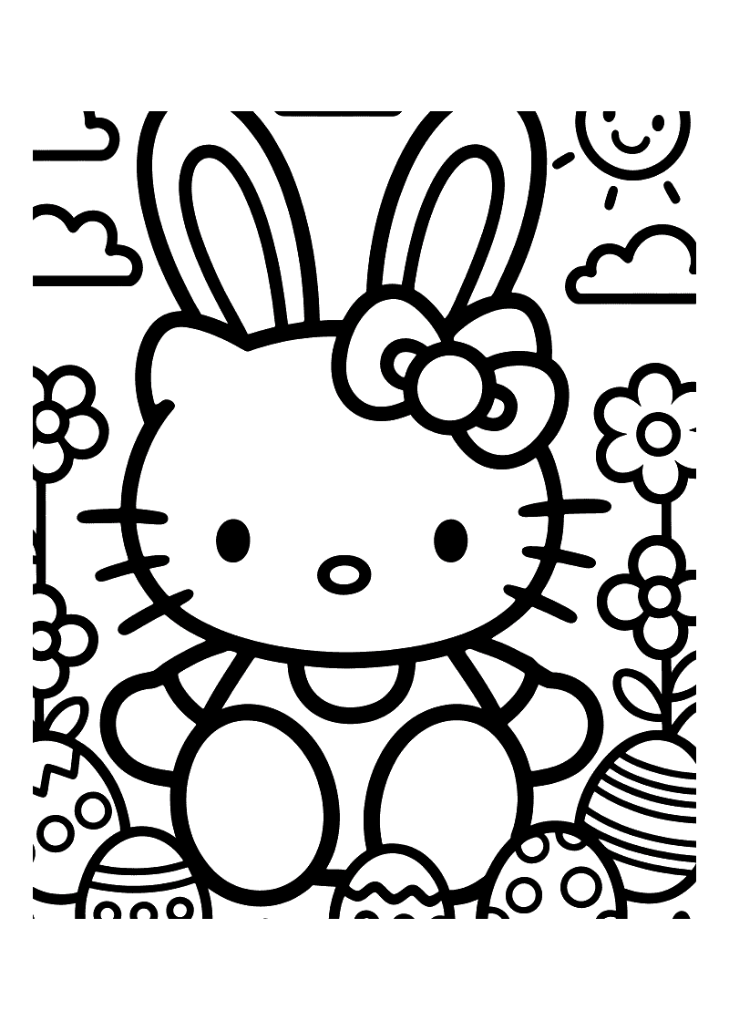 Kleurplaat van Hello Kitty met lange konijnenoren en een strik, zittend tussen paaseieren, bloemen en een lachende zon