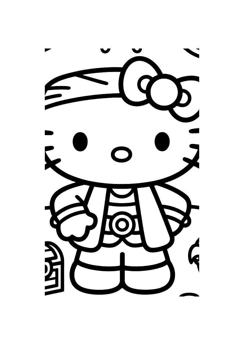 Kleurplaat van Hello Kitty in een piratenkostuum met een gestreept shirt, een riem met gesp en een bandana op haar hoofd