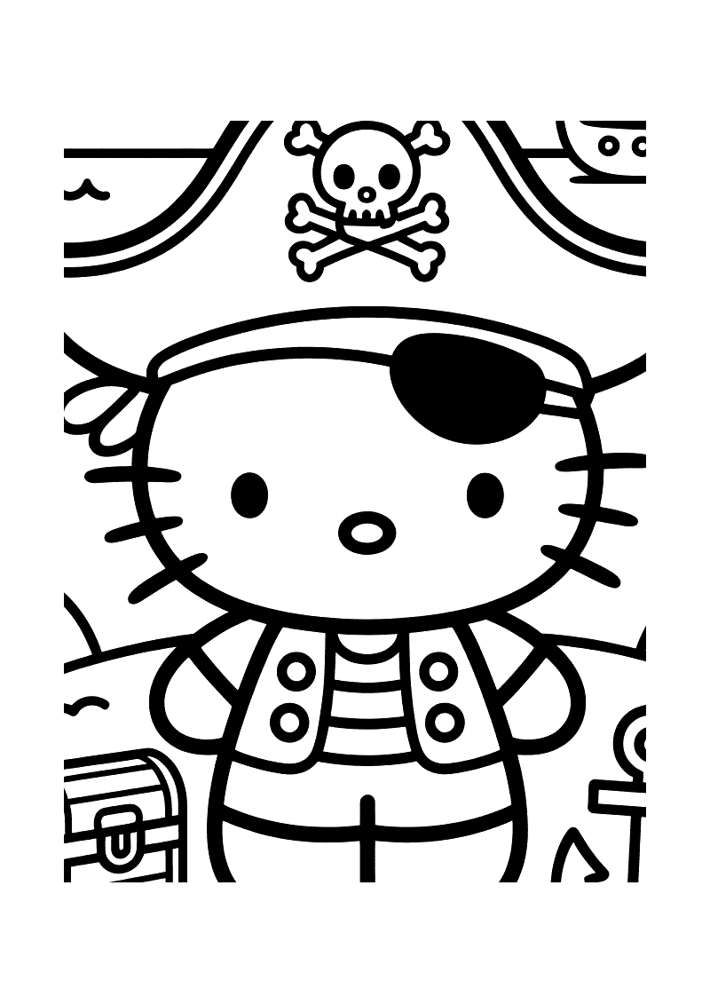 Kleurplaat van Hello Kitty close-up als piraat met een zwart ooglapje, een gestreept shirt en een doodshoofdvlag boven h