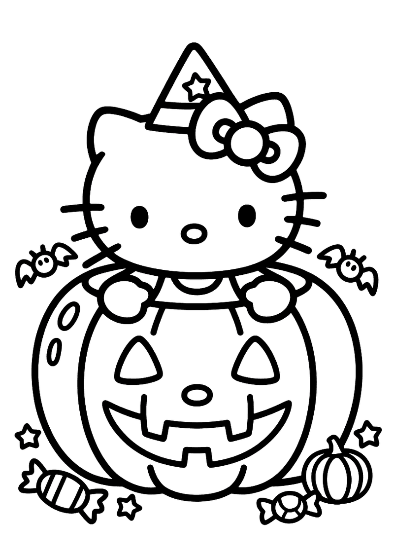Kleurplaat van Hello Kitty met een kleine punthoed die uit een grote lachende Halloween-pompoen piept, omgeven door vlee