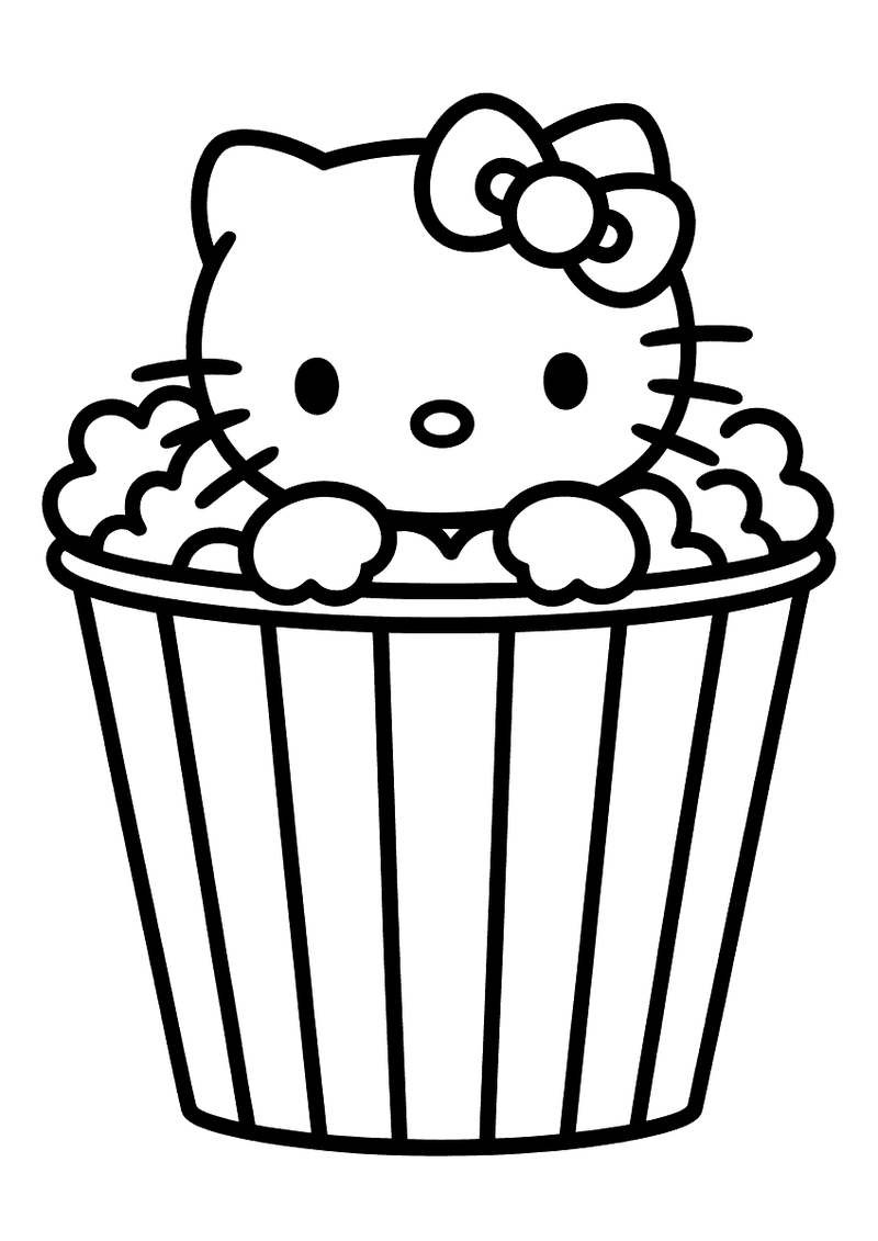 Kleurplaat van Hello Kitty die met haar hoofd en pootjes uit een grote gestreepte bioscoop-popcornbeker piept, omgeven d