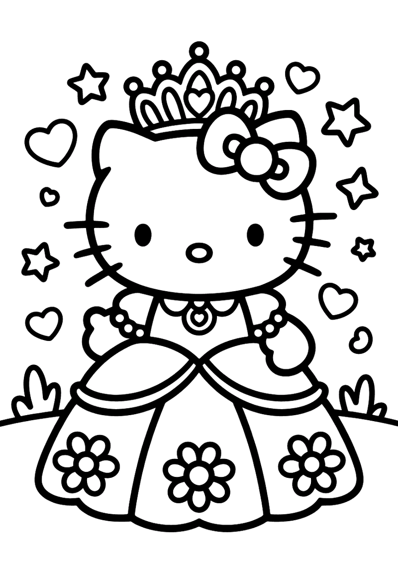 Kleurplaat van Hello Kitty als prinses met een gouden kroon op haar hoofd, een weelderige baljurk versierd met bloemen,