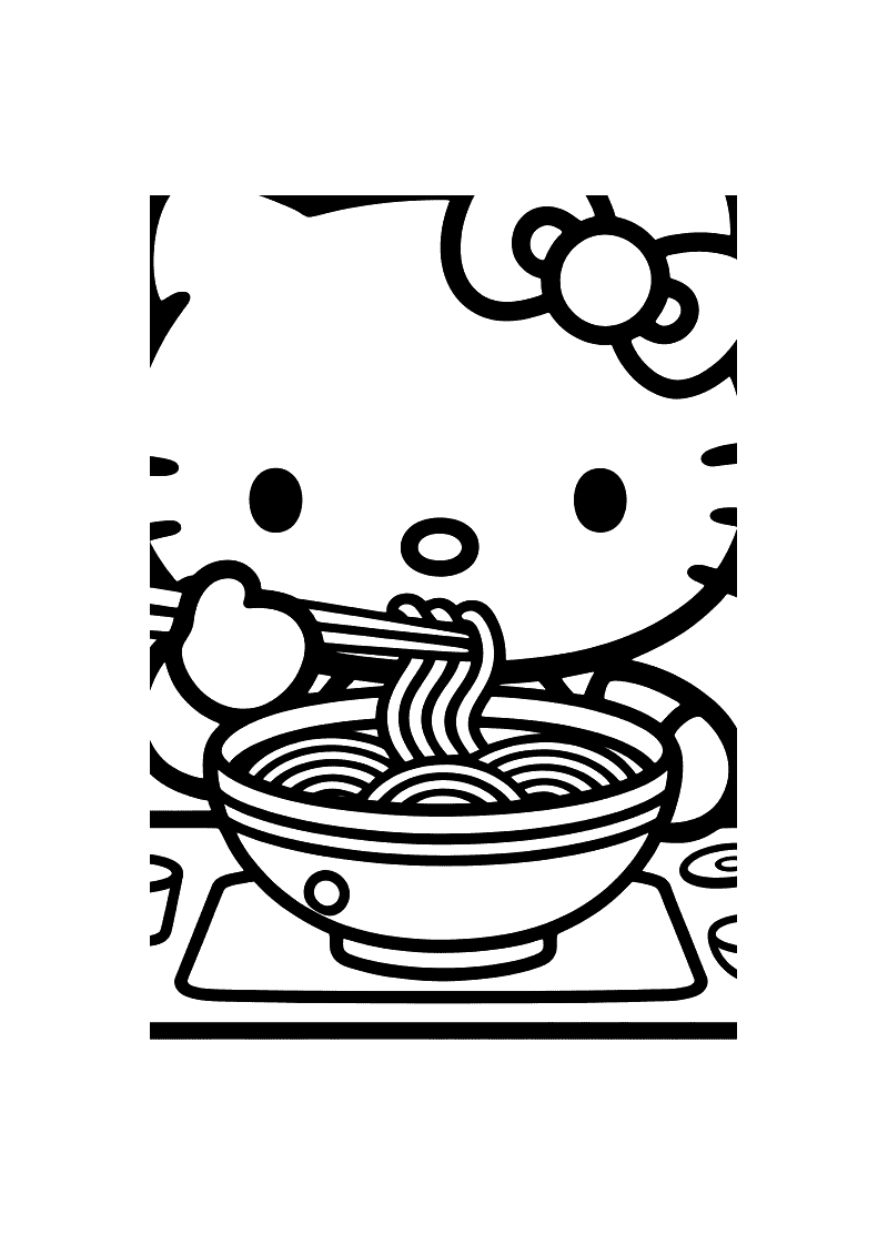 Kleurplaat van Hello Kitty close-up die eetstokjes vasthoudt boven een grote dampende kom ramen noedels op een dienblad