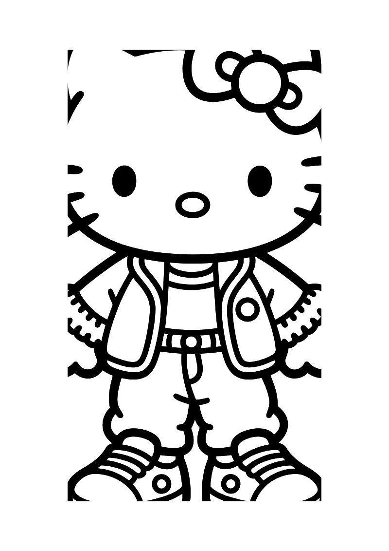 Kleurplaat van Hello Kitty close-up in een retro outfit met een openstaand jasje met franjes, een broek met riem en snea