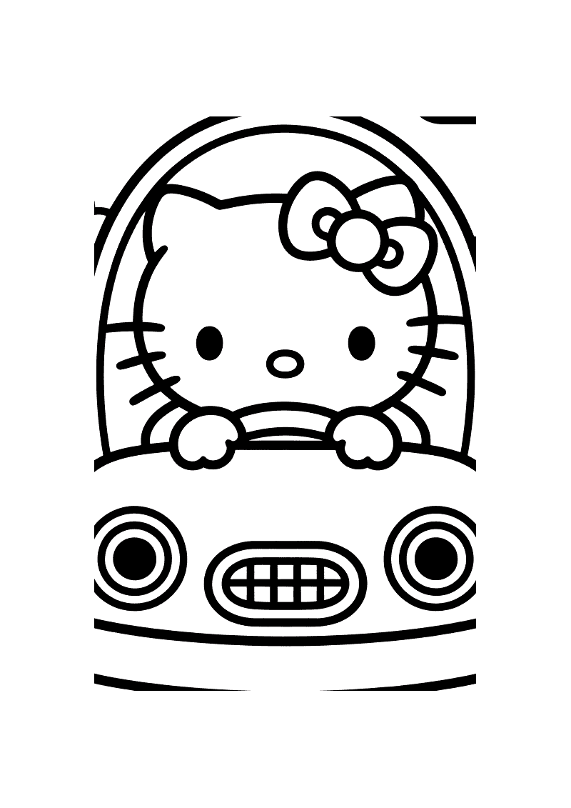 Kleurplaat van Hello Kitty achter het stuur van een auto, gezien vanuit de voorkant met koplampen en een grille