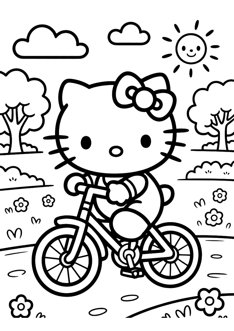 Kleurplaat van Hello Kitty op een fiets in een zonnig buitenlandschap met bomen, bloemen en een lachende zon
