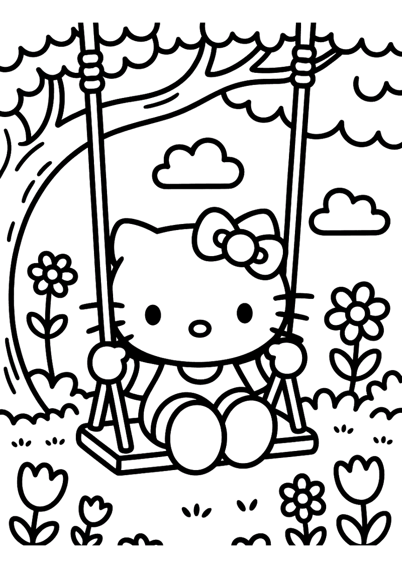 Kleurplaat van Hello Kitty op een schommel in een tuin met bloemen, tulpen en wolken om haar heen