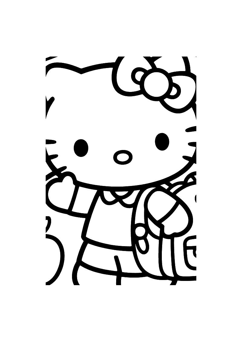 Kleurplaat van Hello Kitty in schooluniform met een rugzak op haar rug, op weg naar school