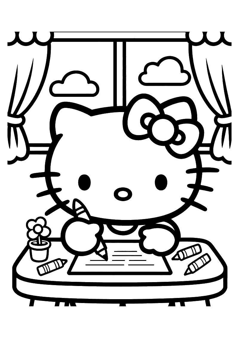 Kleurplaat van Hello Kitty aan een tafel die een brief schrijft, met een bloempotje, krijtjes en gordijnen bij het raam
