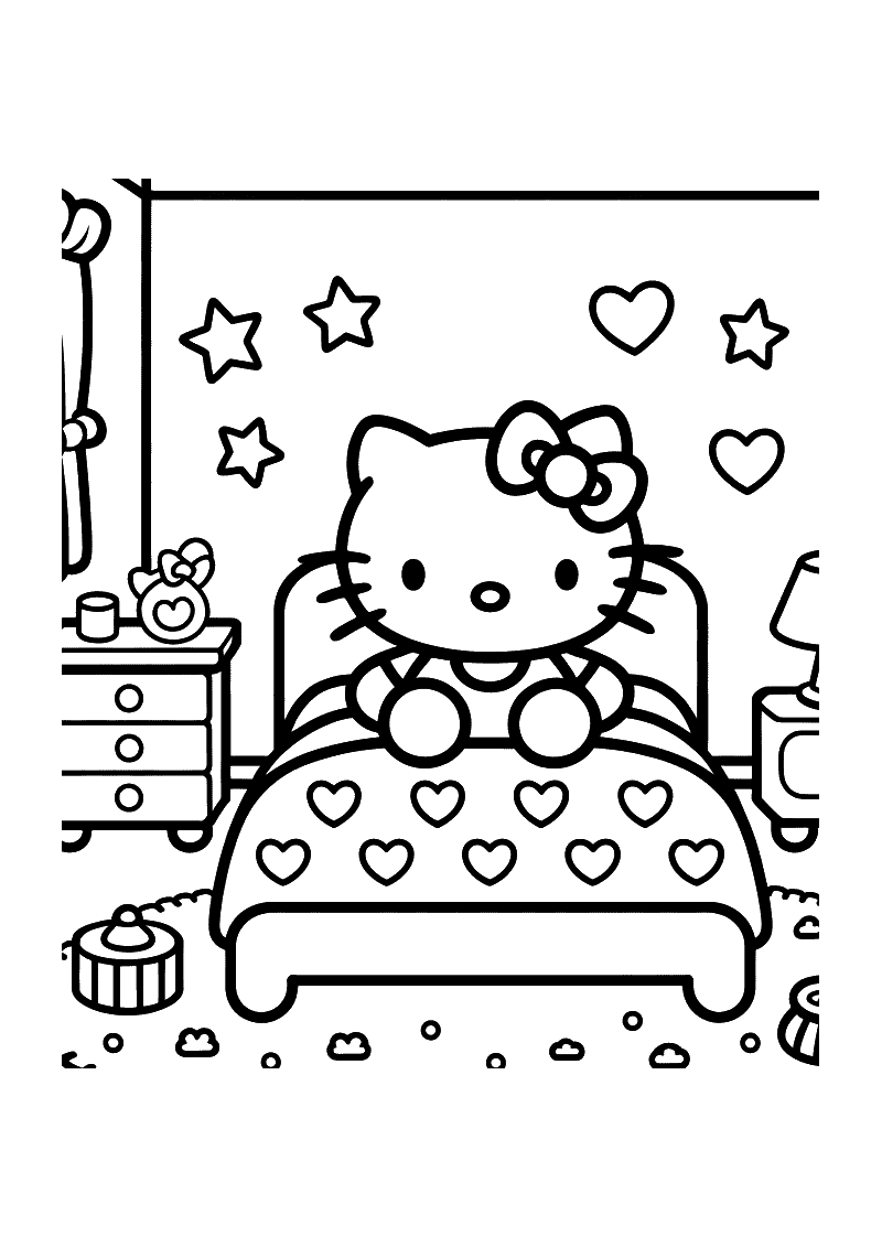Kleurplaat van Hello Kitty zittend op een bed met hartjesdekbed in een slaapkamer vol sterren en hartjes aan de muur