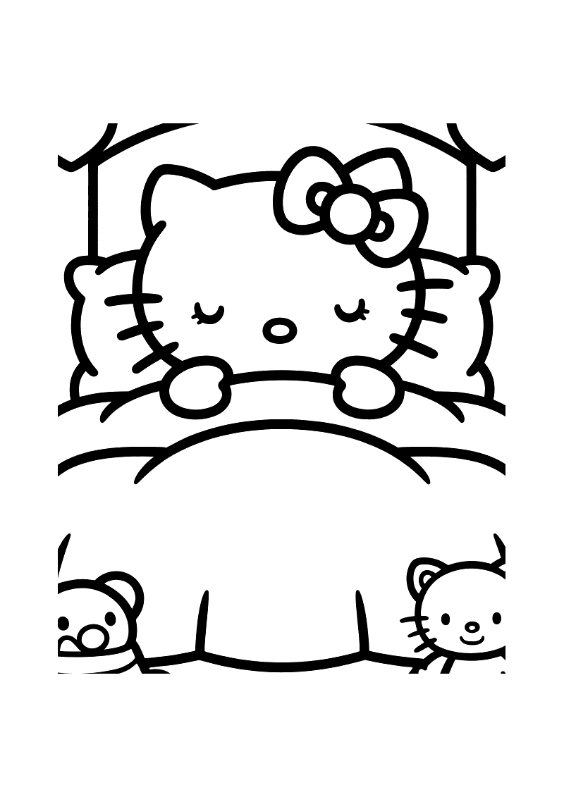 Kleurplaat van Hello Kitty slapend in bed met gesloten ogen, een teddybeer en een kleine kat aan het voeteneinde