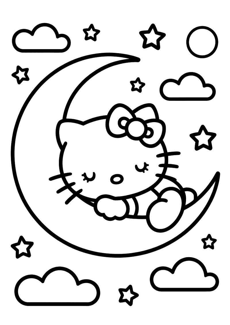 Kleurplaat van Hello Kitty slapend op een sikkel maan met gesloten ogen, omgeven door sterren, wolken en een zon