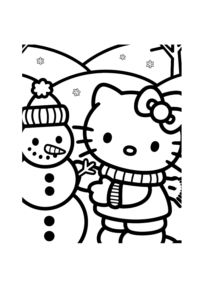Kleurplaat van Hello Kitty in sjaal naast een sneeuwpop met muts in een winterlandschap met sneeuwvlokken en een kale bo