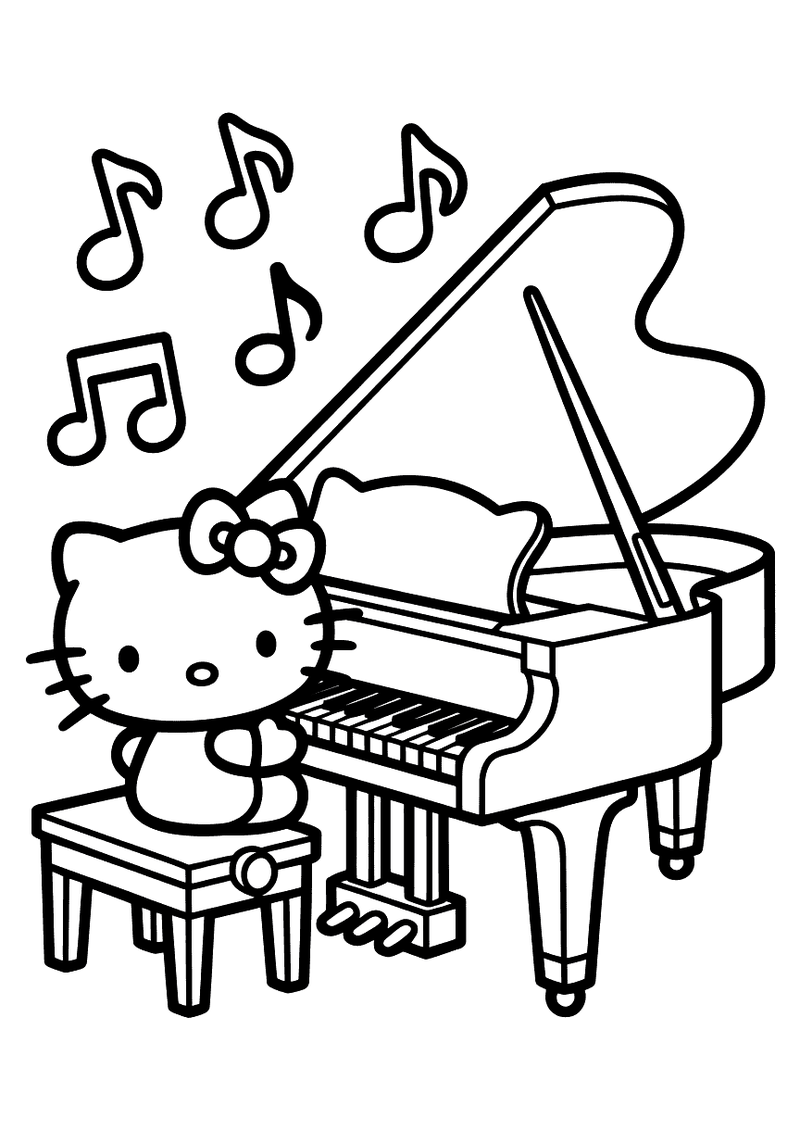 Kleurplaat van Hello Kitty zittend op een pianokruk voor een vleugel met muzieknoten die om haar heen zweven