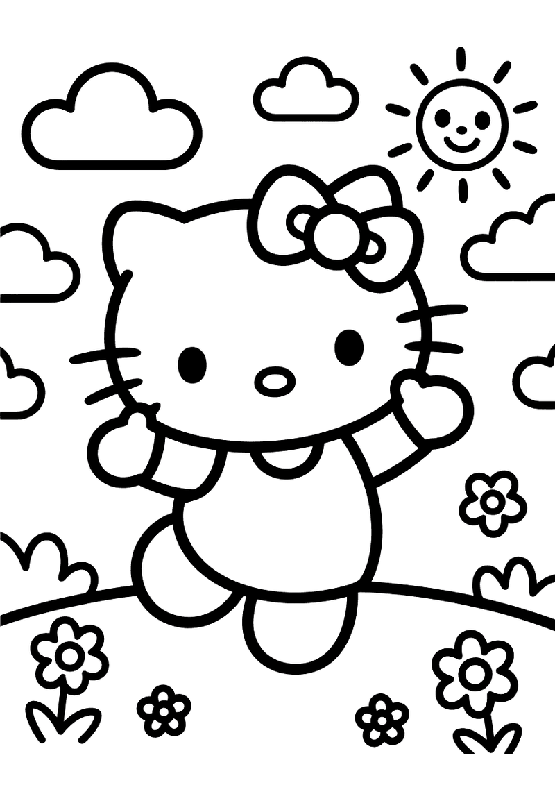Kleurplaat van Hello Kitty die springt in een zonnige weide met bloemen, wolken en een lachende zon